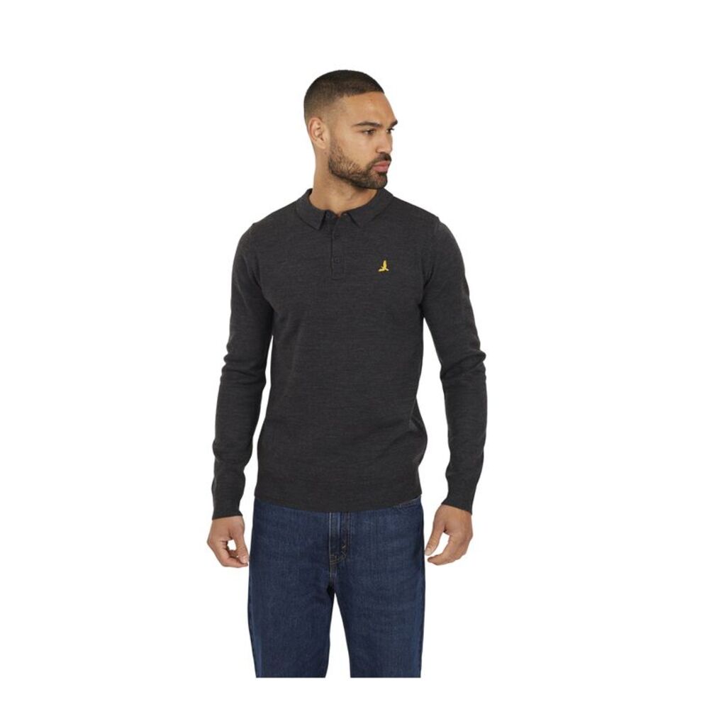 Brave Soul Mens Knitted Ribbed Collar Long-Sleeved Polo Shirt / Dark Charcoal Ma